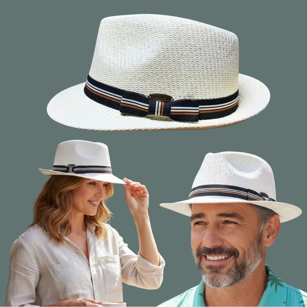 Panama Jack Fedora Hat Large Cream Straw Striped Ribbon Resort Vacation Unisex